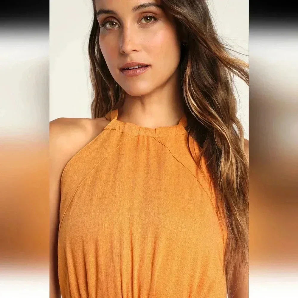 Lulus Reach for Radiance Marigold Halter Wide-Leg Jumpsuit Size M NWT - Picture 3 of 14
